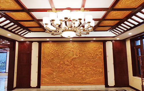 高埗镇中式别墅客厅中式木作横梁吊顶装饰展示