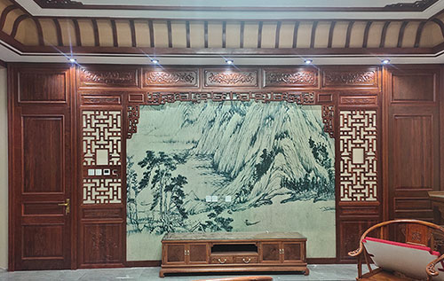 高埗镇中式仿古别墅客厅背景墙花格木作装饰
